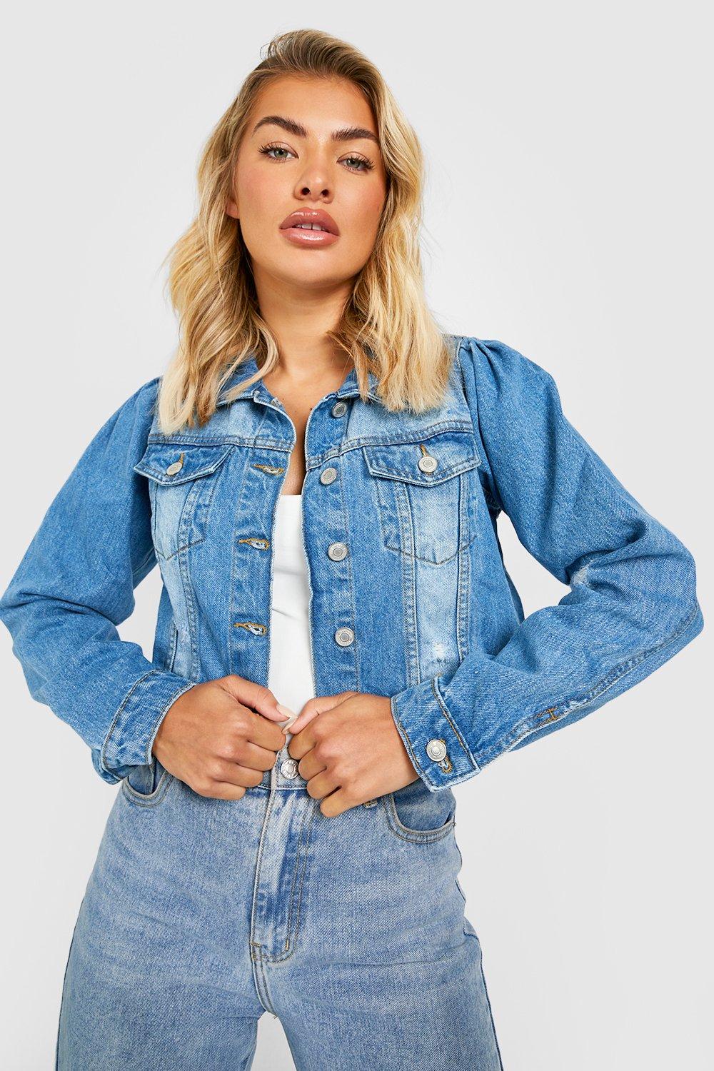 Distressed puff shoulder denim jacket on sale